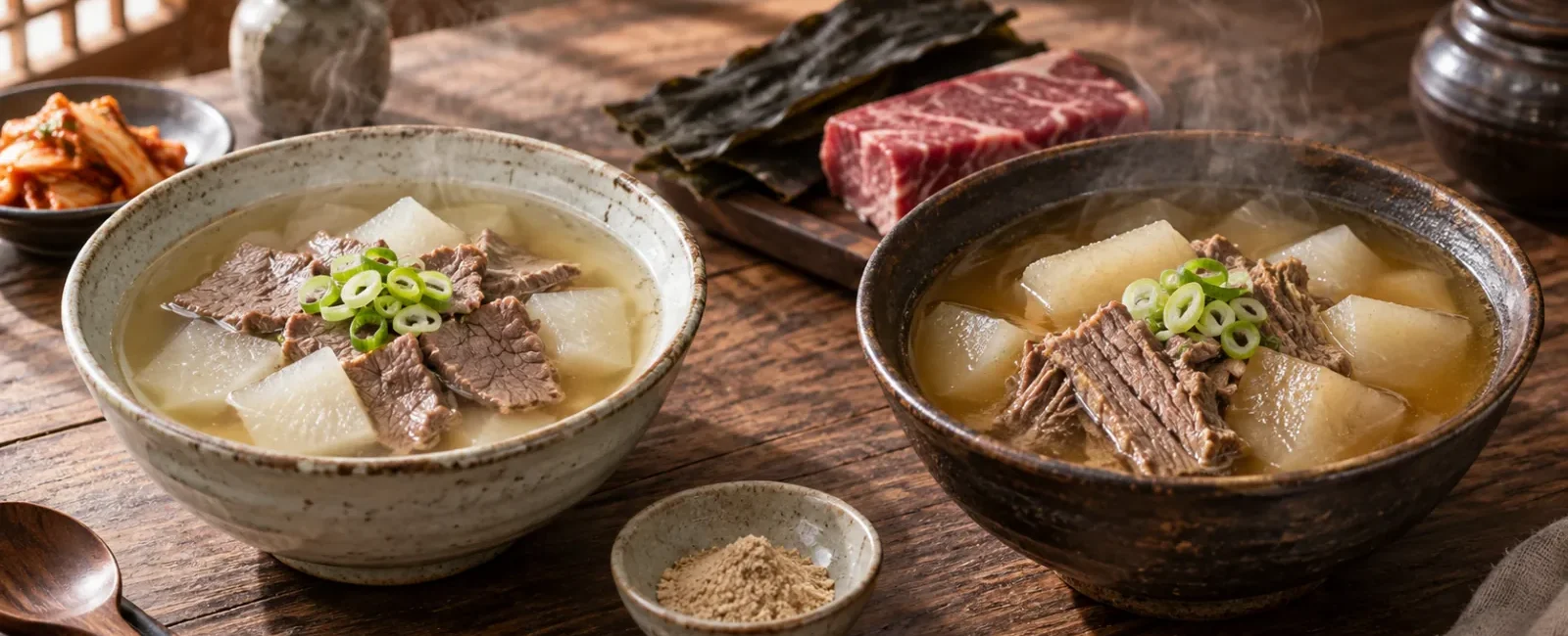 Quick beef-powder sogogi muguk beside traditional brisket-stock soup | 다시다 소고기뭇국과 양지 육수 정석 소고기뭇국