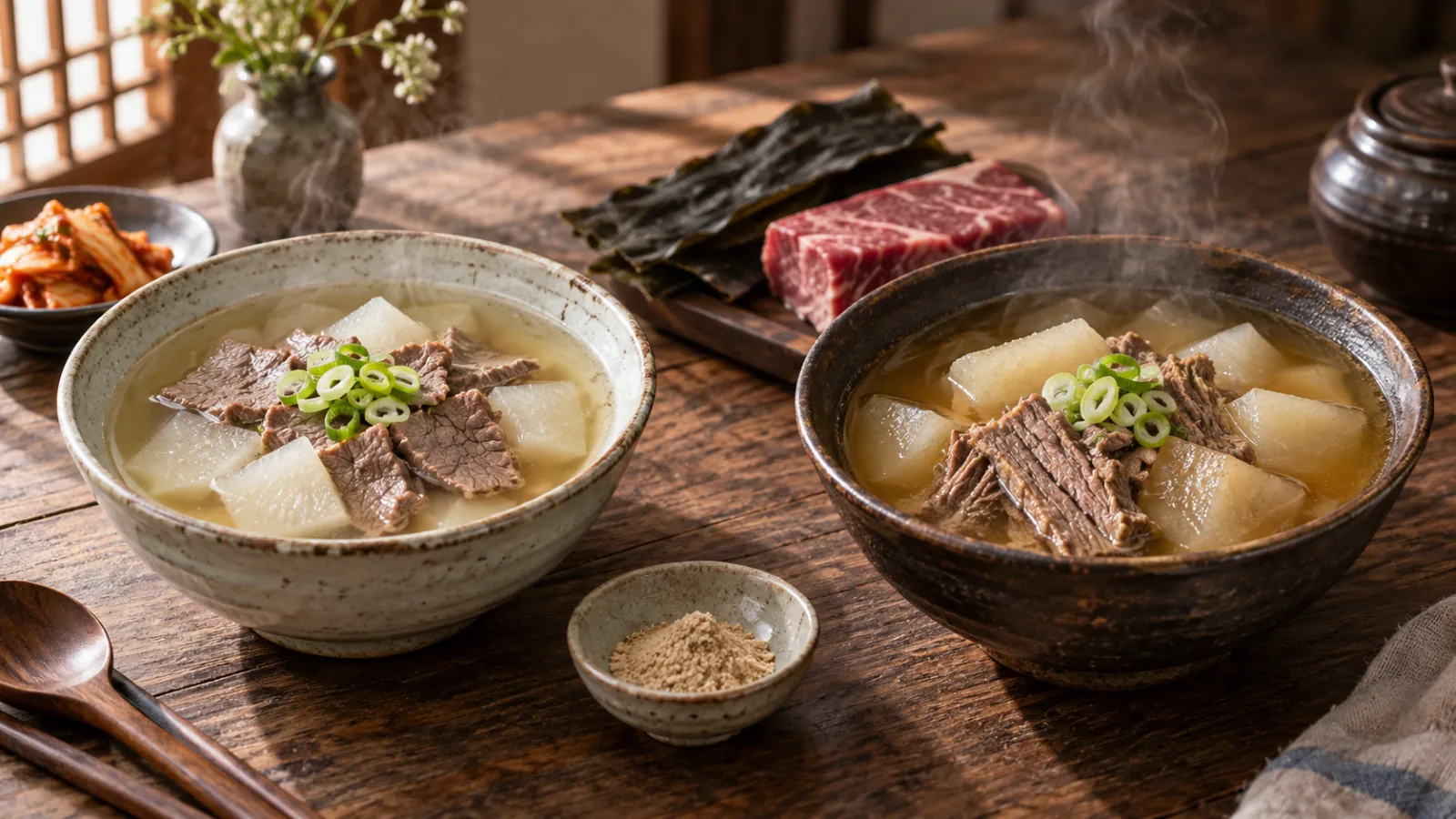 Quick Korean beef radish soup made with beef soup powder beside traditional sogogi muguk made with slow-simmered brisket stock