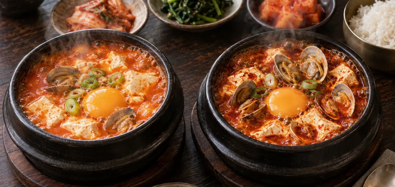 Quick prepared-sauce sundubu jjigae beside traditional fresh-clam sundubu | 간단 순두부찌개와 바지락 육수 순두부찌개