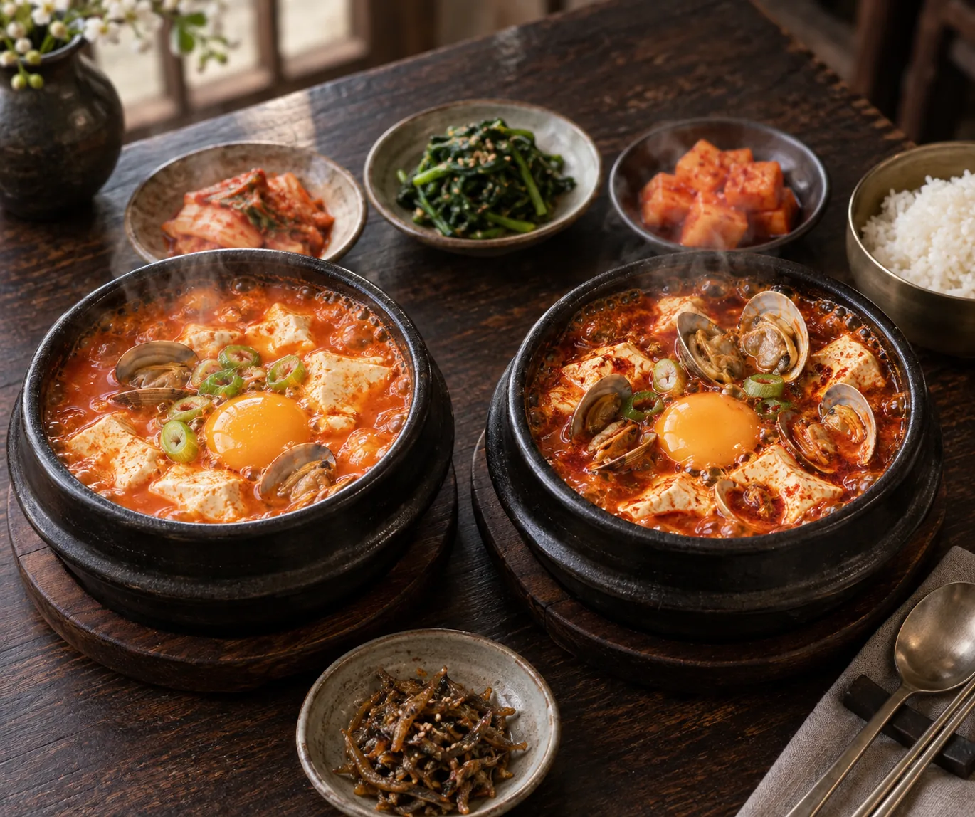 Quick sundubu jjigae made with prepared sauce beside a traditional pot made with fresh clams and anchovy-kelp stock
