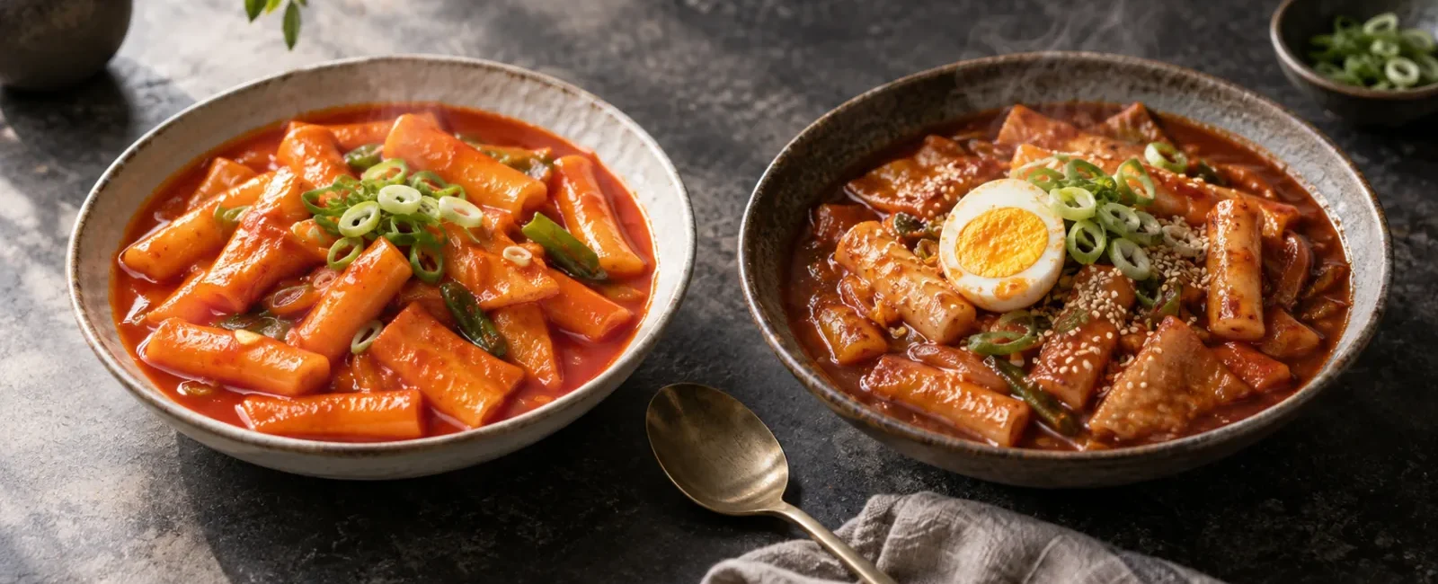 Quick tteokbokki beside traditional anchovy-kelp stock tteokbokki