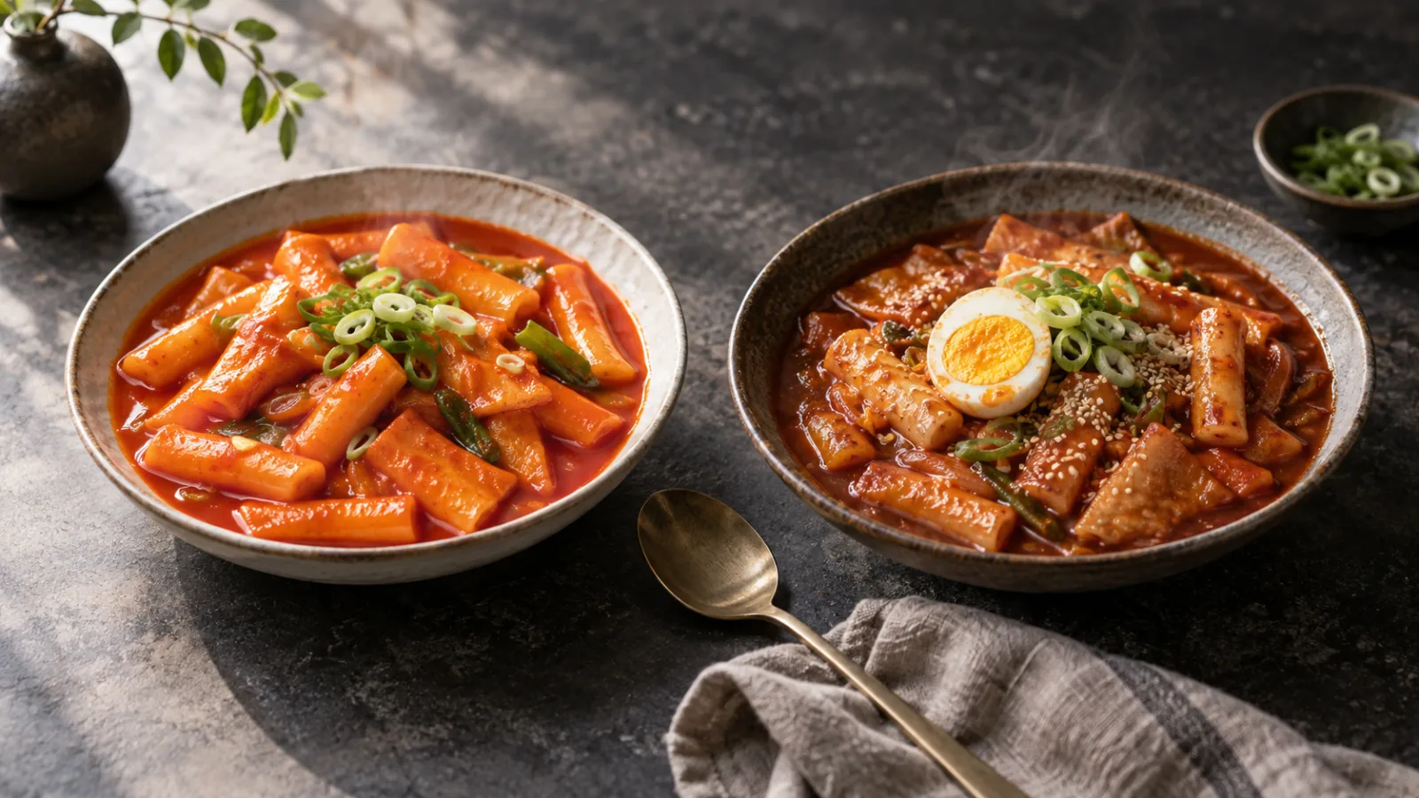 Two bowls of tteokbokki showing the quick version beside the traditional anchovy-kelp stock version