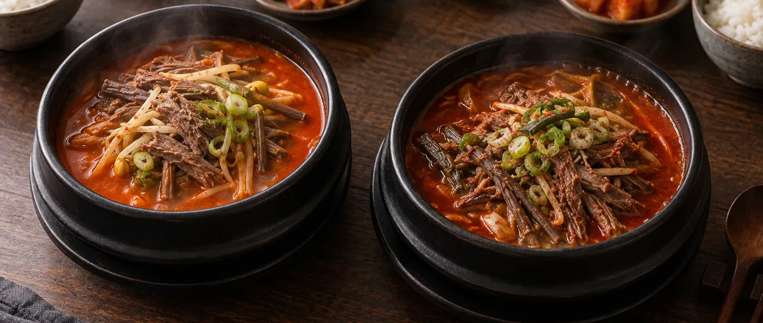Quick boxed-broth yukgaejang beside traditional brisket-stock yukgaejang | 간단 육개장과 정석 육개장