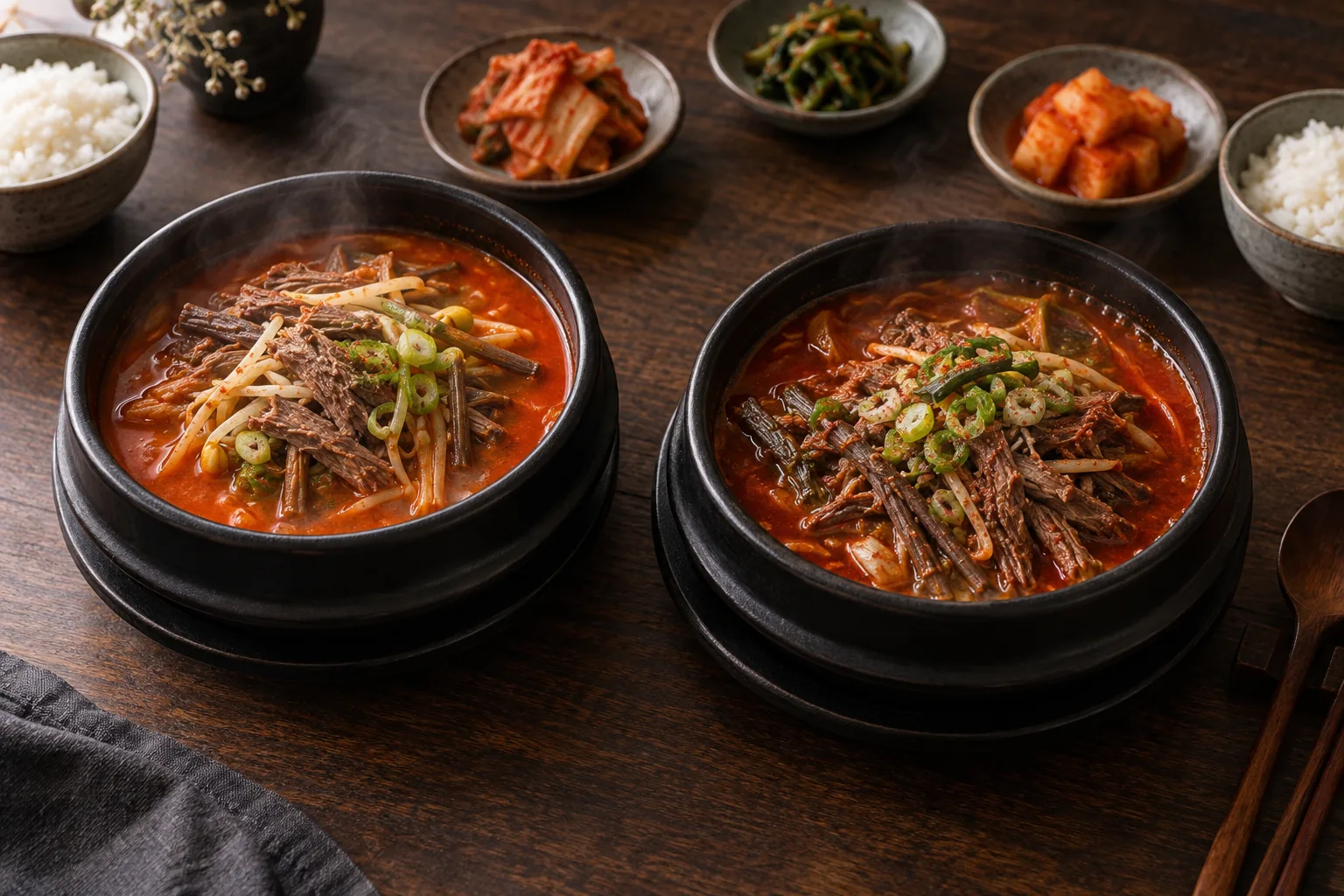 Quick yukgaejang made with boxed broth beside traditional yukgaejang made with slowly simmered brisket stock