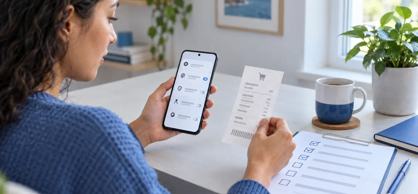 Consumer checking a phone settings screen and purchase receipt for a Siri AI settlement claim