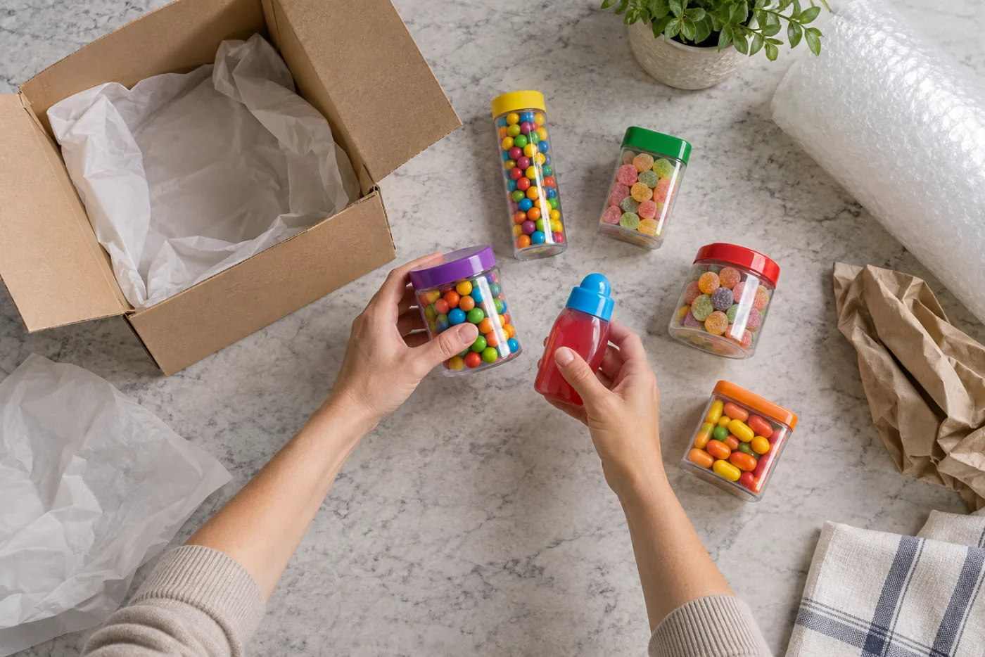 An adult organizing recalled liquid candy containers beside a plain return box during a home safety check