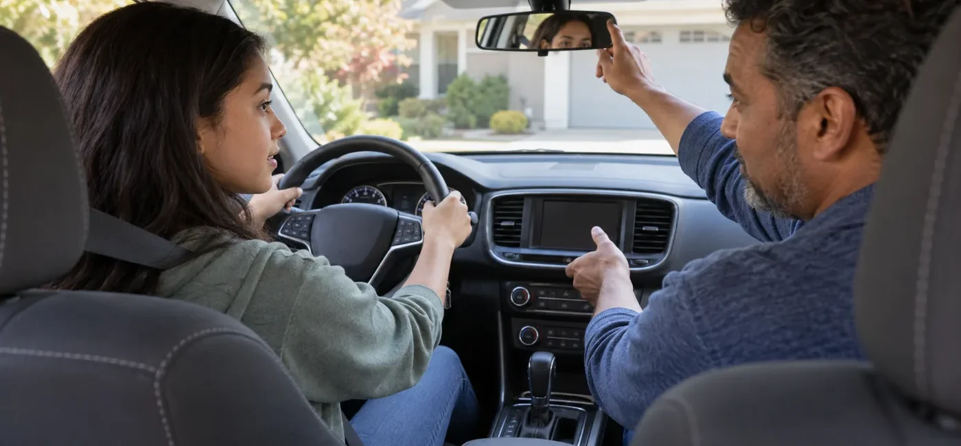 Teen learner driver reviewing mirrors with a parent in a parked car