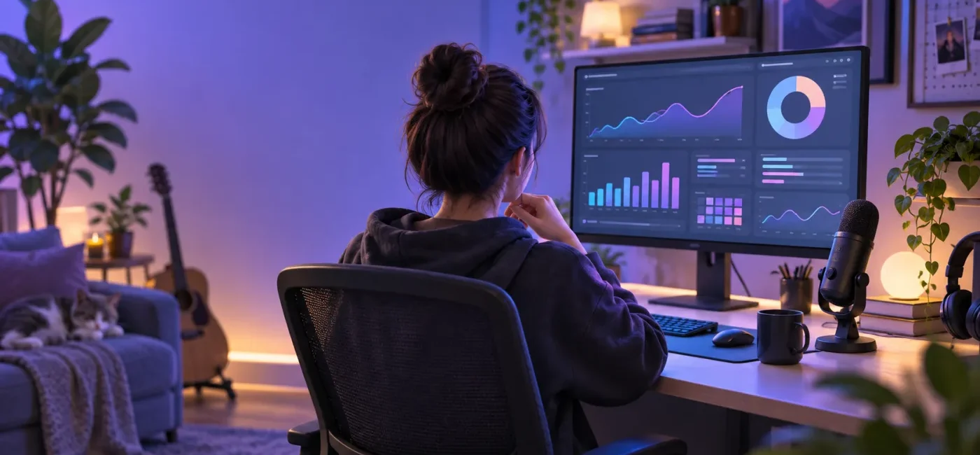 Livestream creator reviewing abstract performance charts after a broadcast