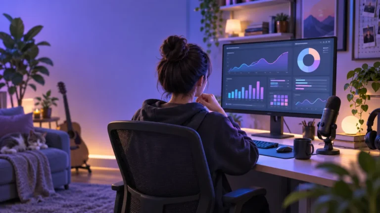 Livestream creator reviewing abstract performance charts after a broadcast
