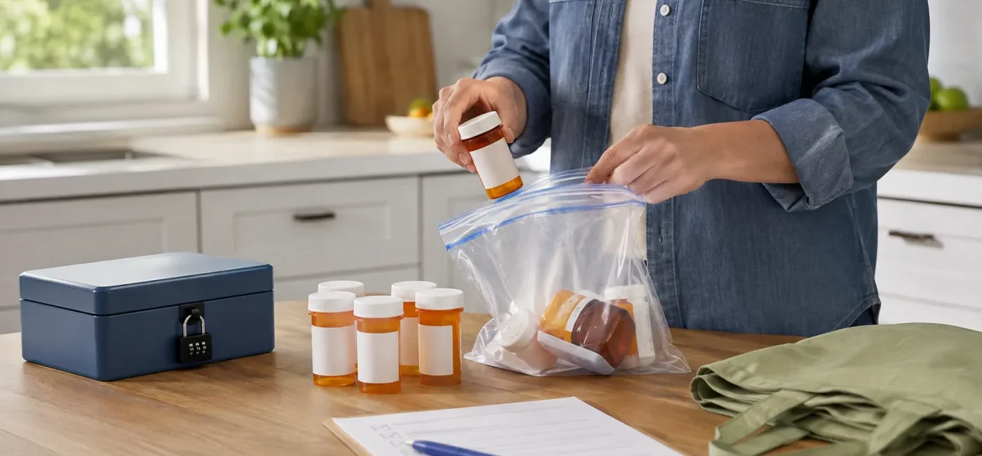 A household member safely sorting unused and expired medicines for authorized take-back