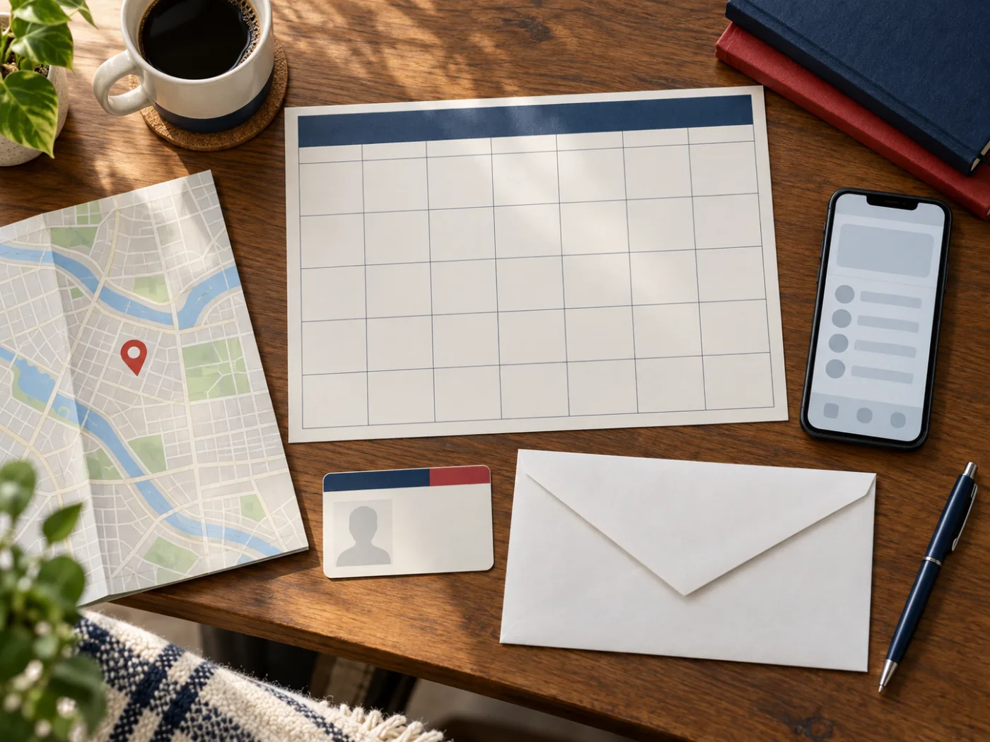 A voter calmly reviewing a 2026 election plan with a calendar, identification, polling-place map, and mail-ballot envelope