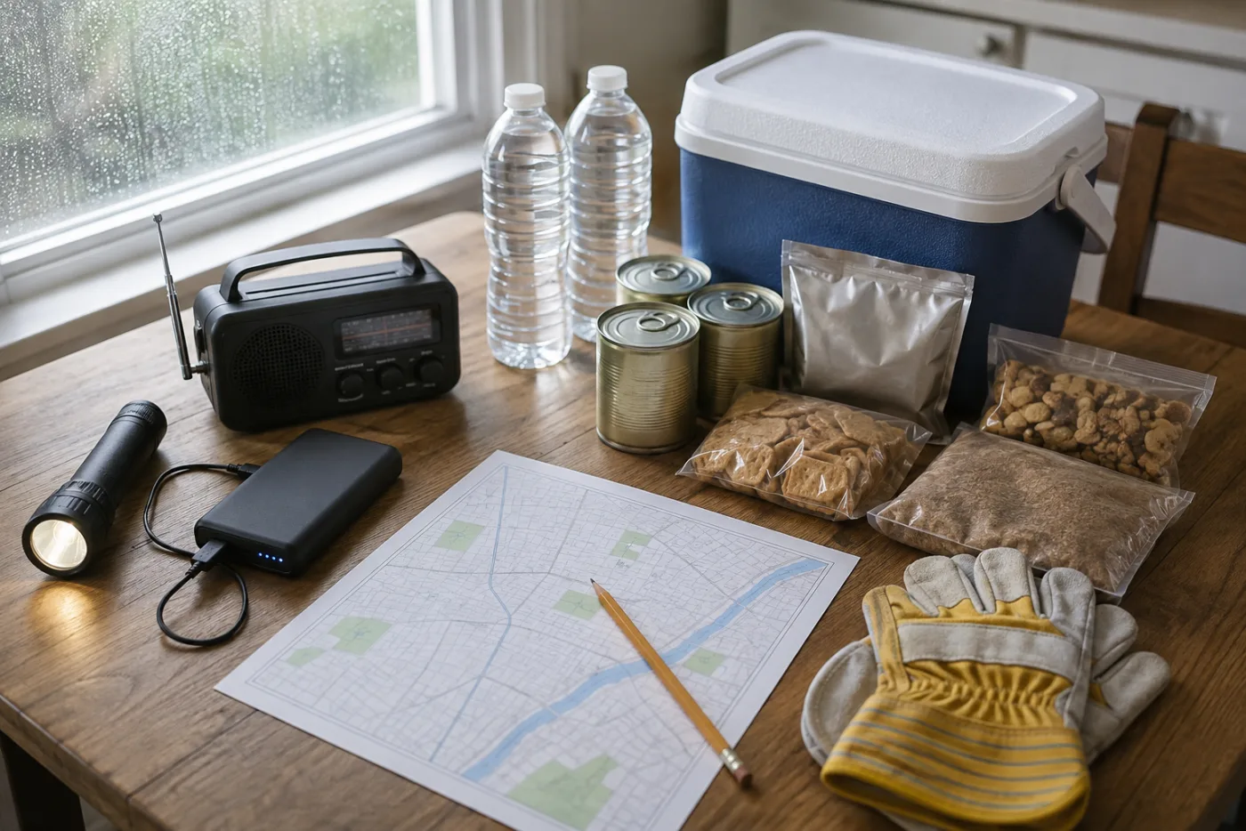 Flashlight power bank radio water cooler and food prepared for a storm outage
