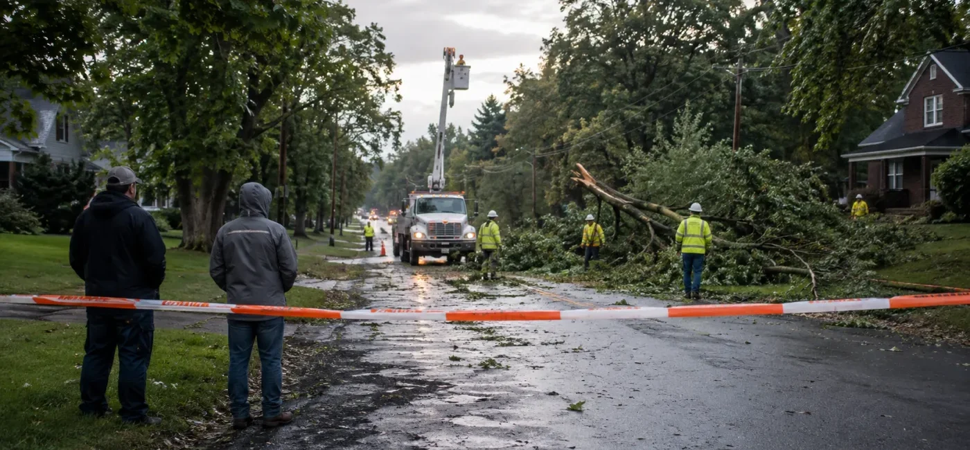 Recovery crews assess fallen trees after a storm in western Pennsylvania