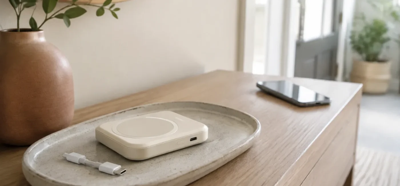 Magnetic wireless power bank disconnected from a phone on a ceramic tray