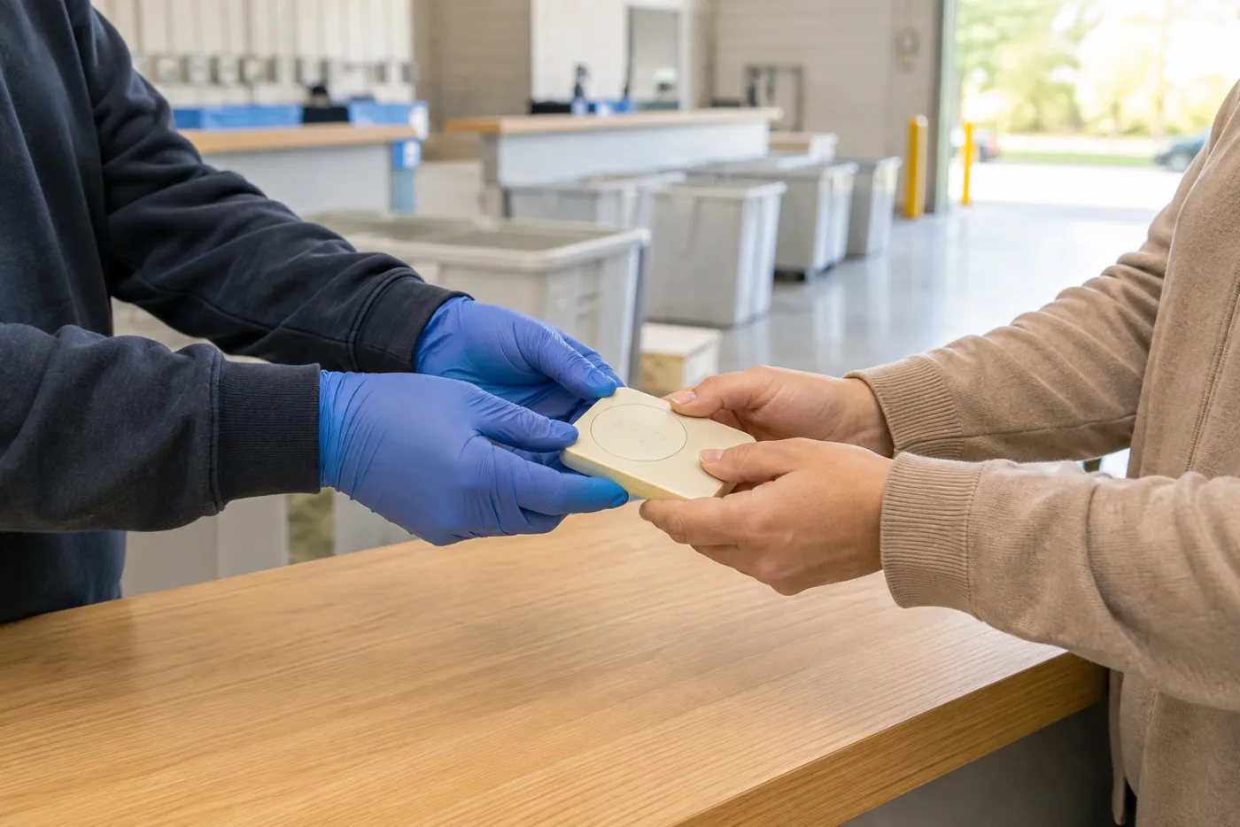 Consumer handing a recalled power bank to a household hazardous-waste worker