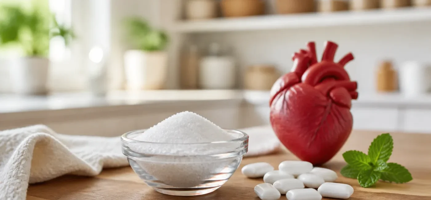 Xylitol crystals, sugar-free gum and a heart model arranged for a consumer health guide