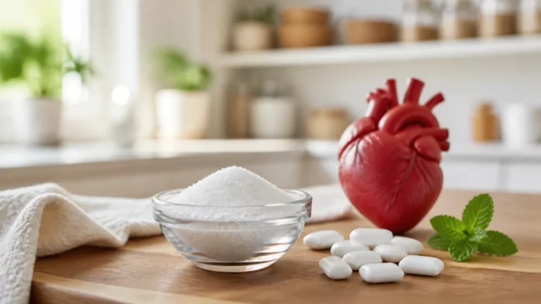 Xylitol crystals, sugar-free gum and a heart model arranged for a consumer health guide