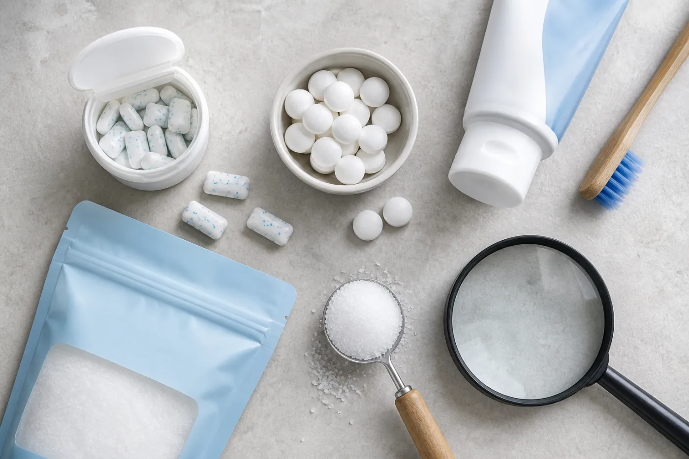 Sugar-free gum, mints, toothpaste and xylitol powder arranged for an ingredient check