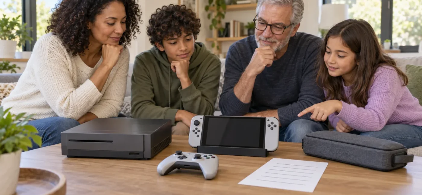 Family comparing a new game console, controller, and carrying case before buying