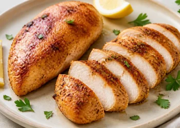 Juicy sliced air fryer chicken breast with golden herb seasoning, lemon and parsley