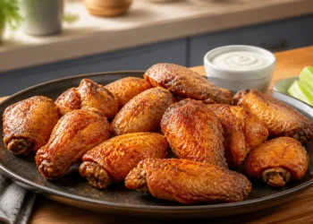 Crispy air fryer chicken wings with celery and dipping sauce