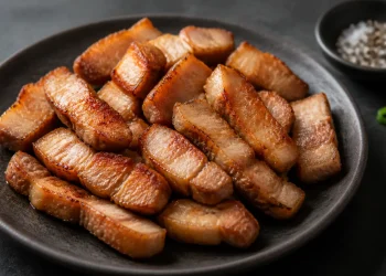 Golden crisp air fryer pork belly pieces on a dark ceramic plate