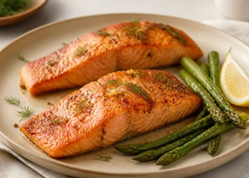 Air fryer salmon fillets with lemon and asparagus