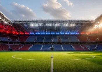 Football stadium illustration evoking the 2026 Community Shield in Cardiff