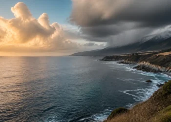 Pacific coast under changing clouds representing a strengthening El Niño and U.S. winter storms