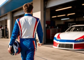 Young stock-car driver entering a new team garage