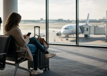 공항 창가에서 수하물 옆에 앉아 항공편 지연 정보를 확인하는 여행자