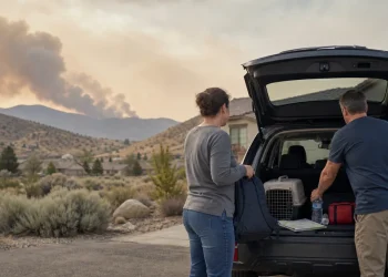 Family loading an emergency bag and pet carrier into a vehicle while preparing for the Hawk Fire near Reno