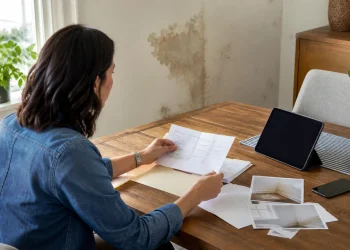 Homeowner reviewing a claim decision and home damage photos