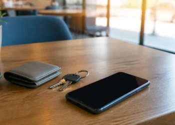 A misplaced smartphone and personal items on a café table