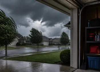Emergency supplies in a garage as wind and rain approach a Northeast Ohio neighborhood
