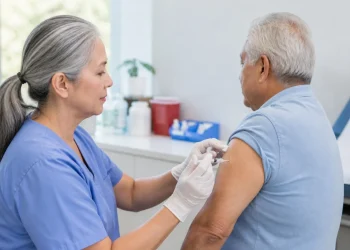 A clinician administers a shingles vaccine to an older adult