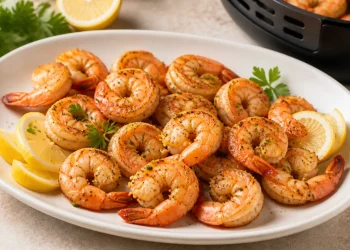 Golden garlic air fryer shrimp served with lemon and parsley