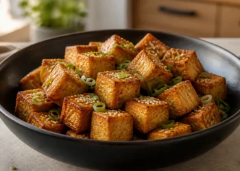 Crispy air fryer tofu cubes with sesame seeds and scallions