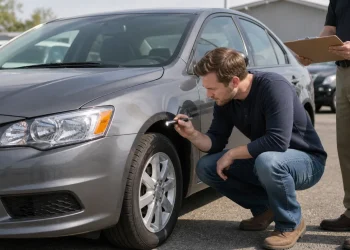 A used-car buyer checks the front wheel and body condition before signing