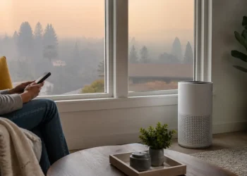 Person checking air quality beside a portable air cleaner and closed windows during wildfire smoke